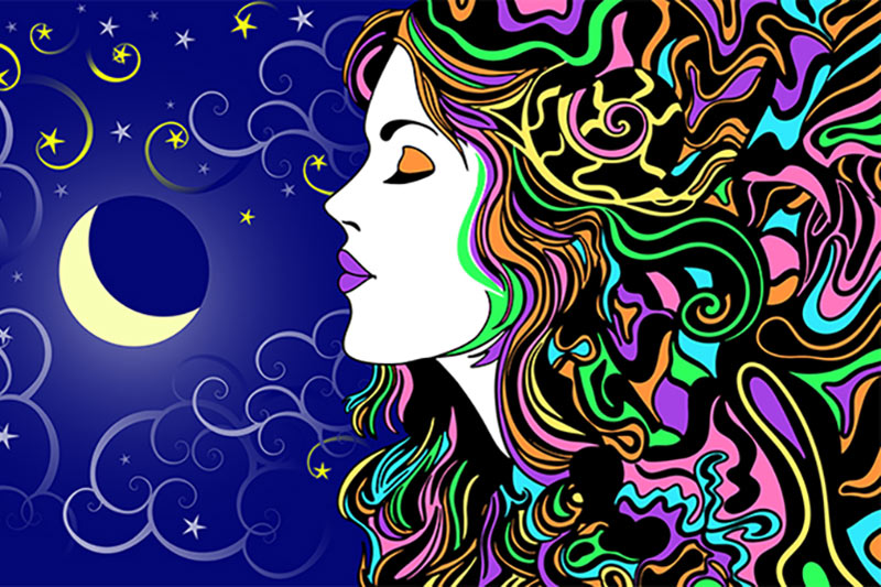 Colorful graphic of woman and the moon